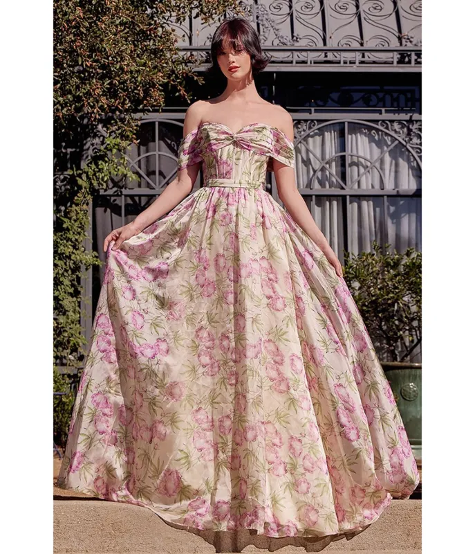 Ladivine by Cinderella Divine Pink Floral Printed Off The Shoulder A-Line Prom Dress sold by Unique Vintage