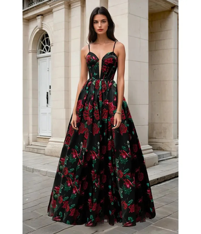 Ladivine by Cinderella Divine Rose Print Organza Prom Dress sold by Unique Vintage