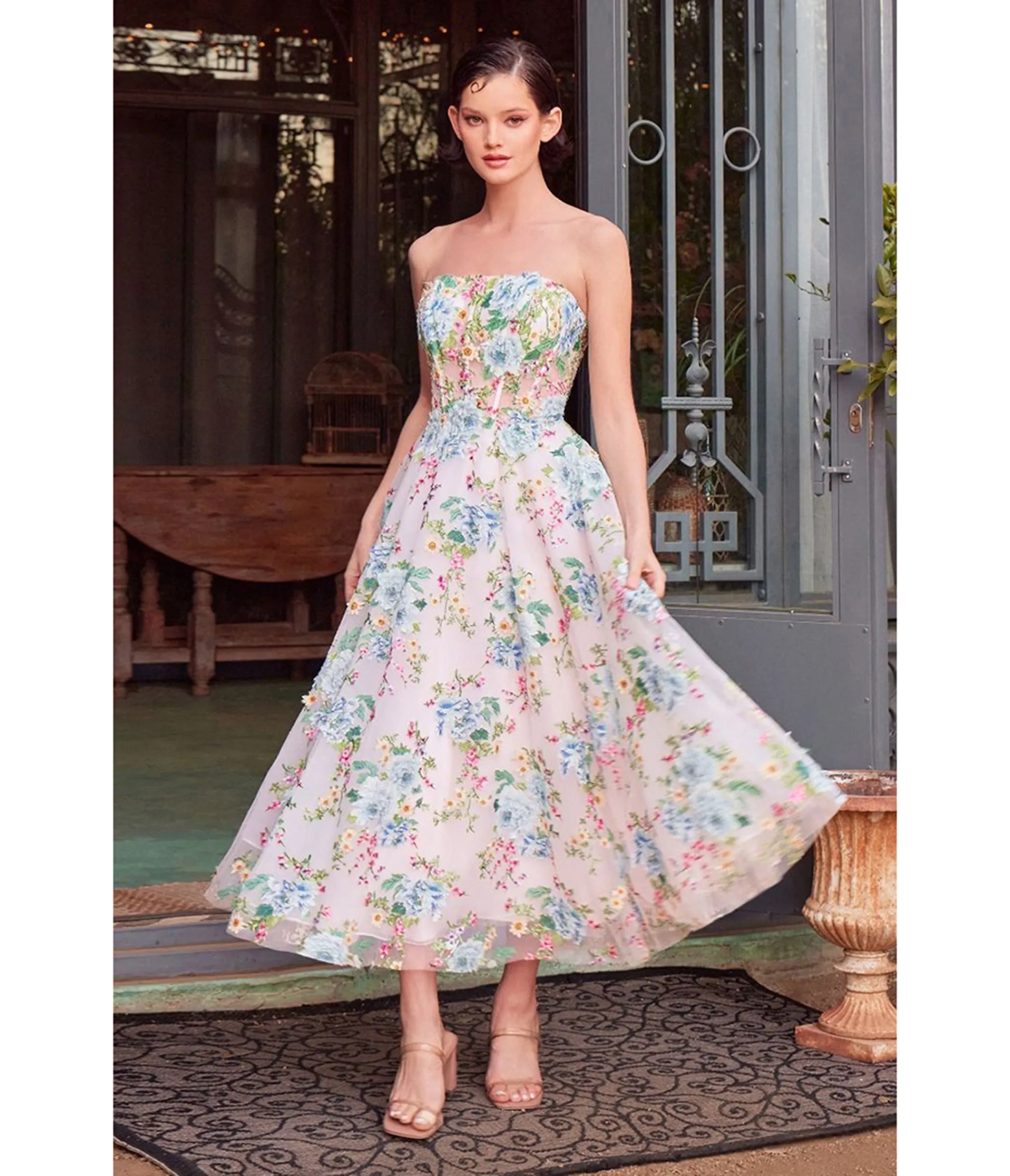Ladivine by Cinderella Divine Blue Floral Print Strapless Puff Sleeve Tea Length Prom Dress sold by Unique Vintage product image thumbnail 3
