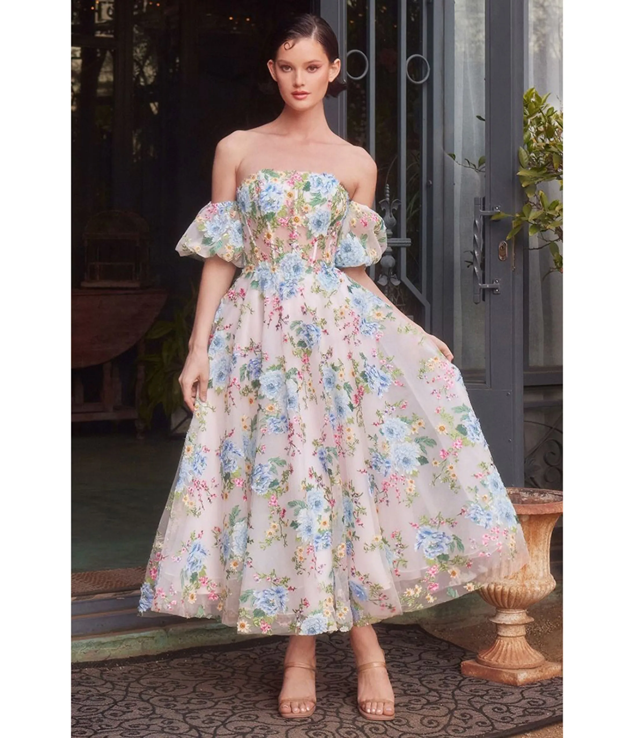 Ladivine by Cinderella Divine Blue Floral Print Strapless Puff Sleeve Tea Length Prom Dress sold by Unique Vintage
