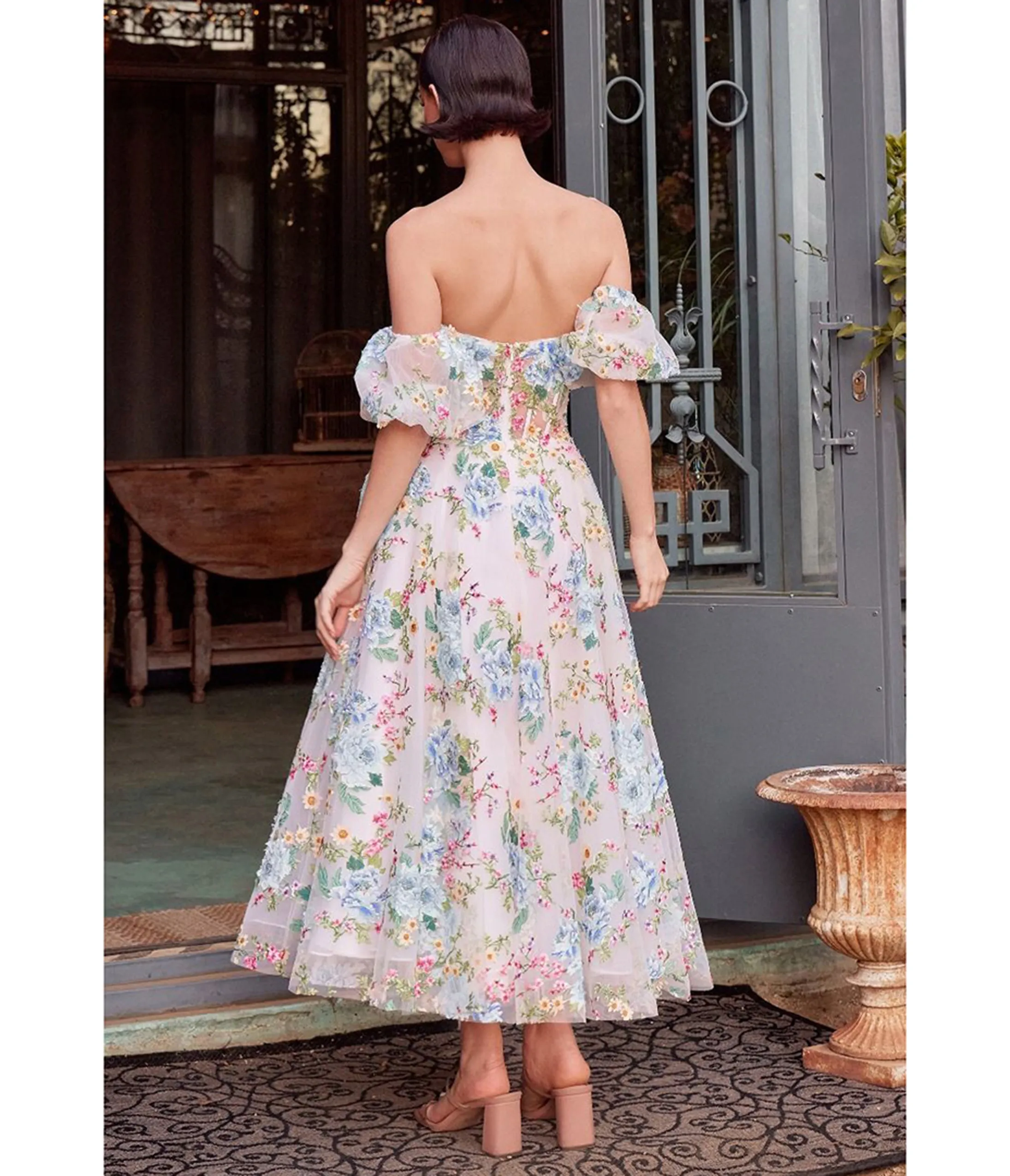 Ladivine by Cinderella Divine Blue Floral Print Strapless Puff Sleeve Tea Length Prom Dress sold by Unique Vintage product image thumbnail 2