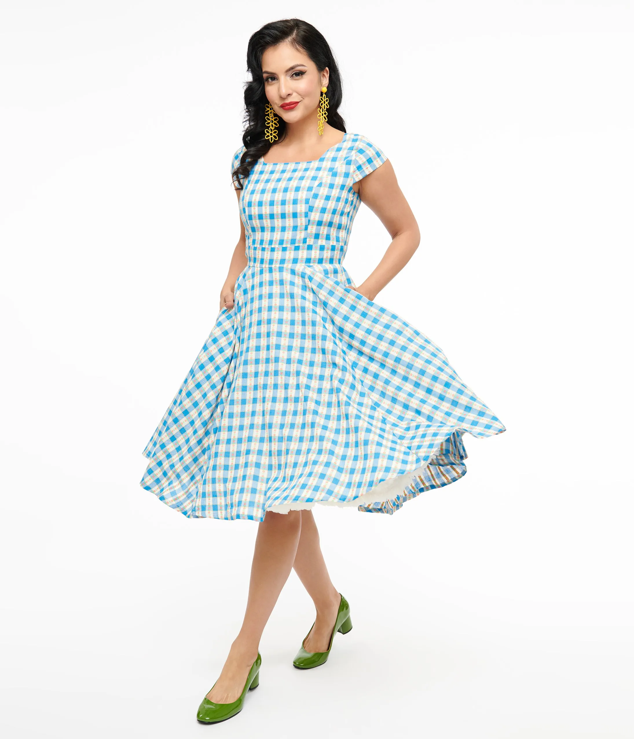 Magnolia Place 1950s Blue Floral Gingham Anna Swing Dress sold by Unique Vintage