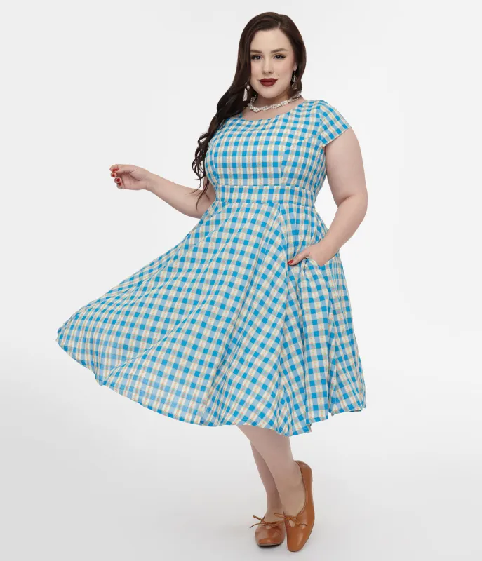 Magnolia Place Plus Size 1950s Blue Floral Gingham Anna Swing Dress sold by Unique Vintage