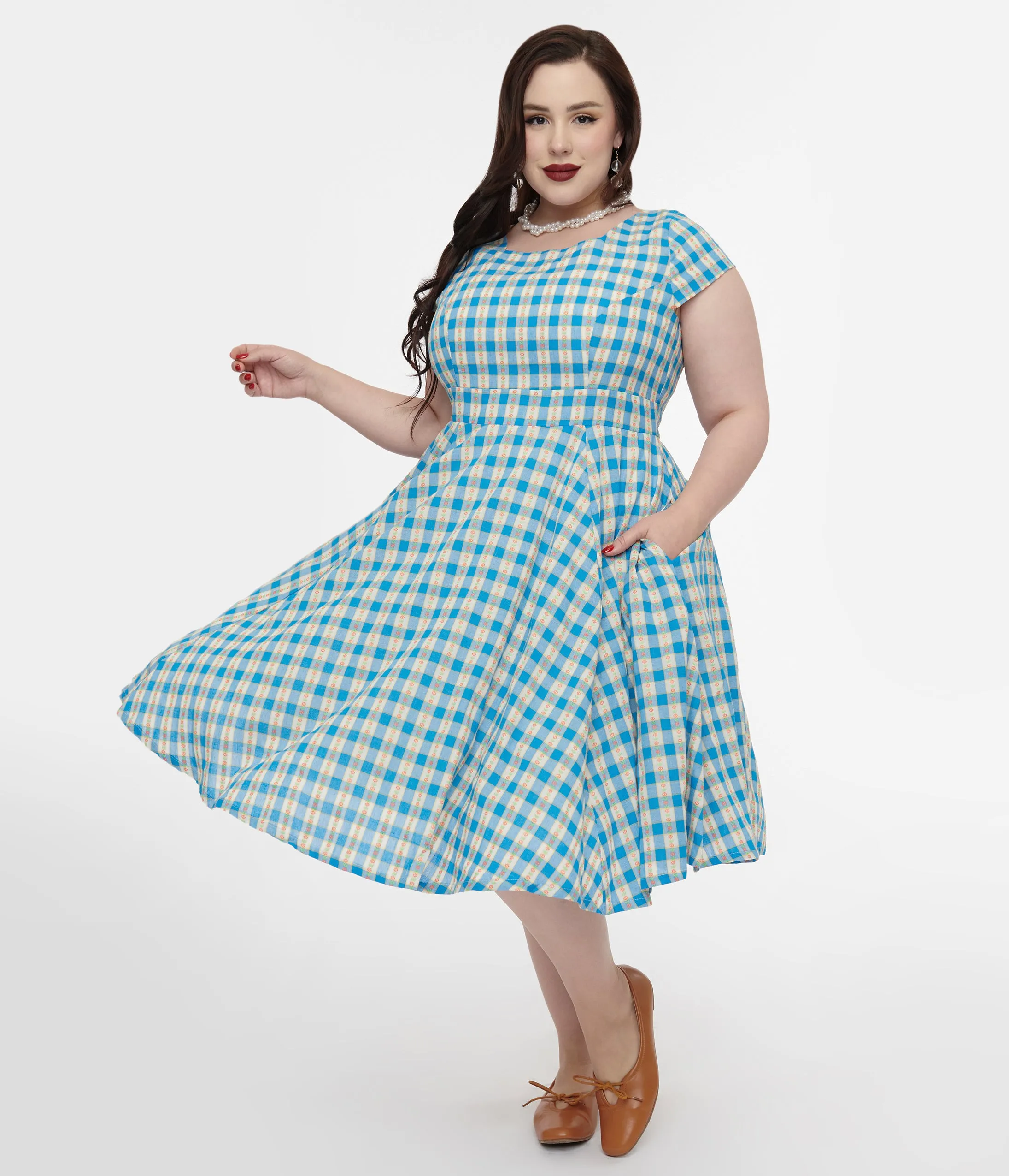 Magnolia Place Plus Size 1950s Blue Floral Gingham Anna Swing Dress sold by Unique Vintage