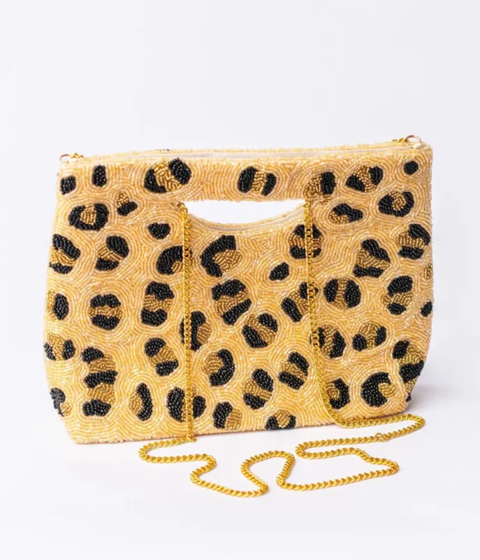 Golden Leopard Beaded Basket Crossbody Bag sold by Unique Vintage