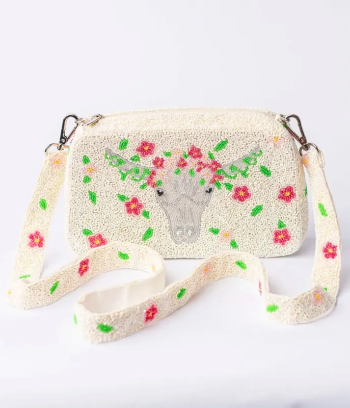 White & Flower Cow Beaded Crossbody Bag sold by Unique Vintage