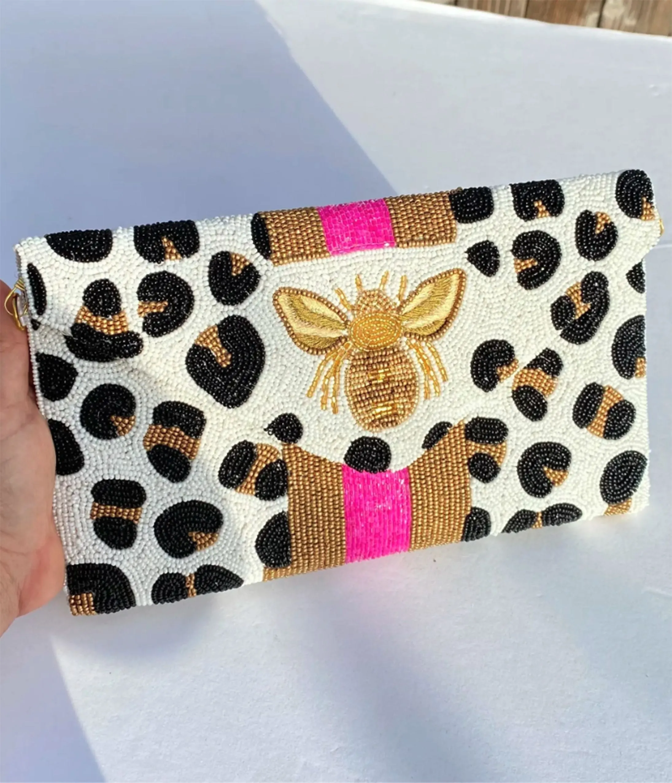 White Leopard Print & Bee Beaded Clutch sold by Unique Vintage