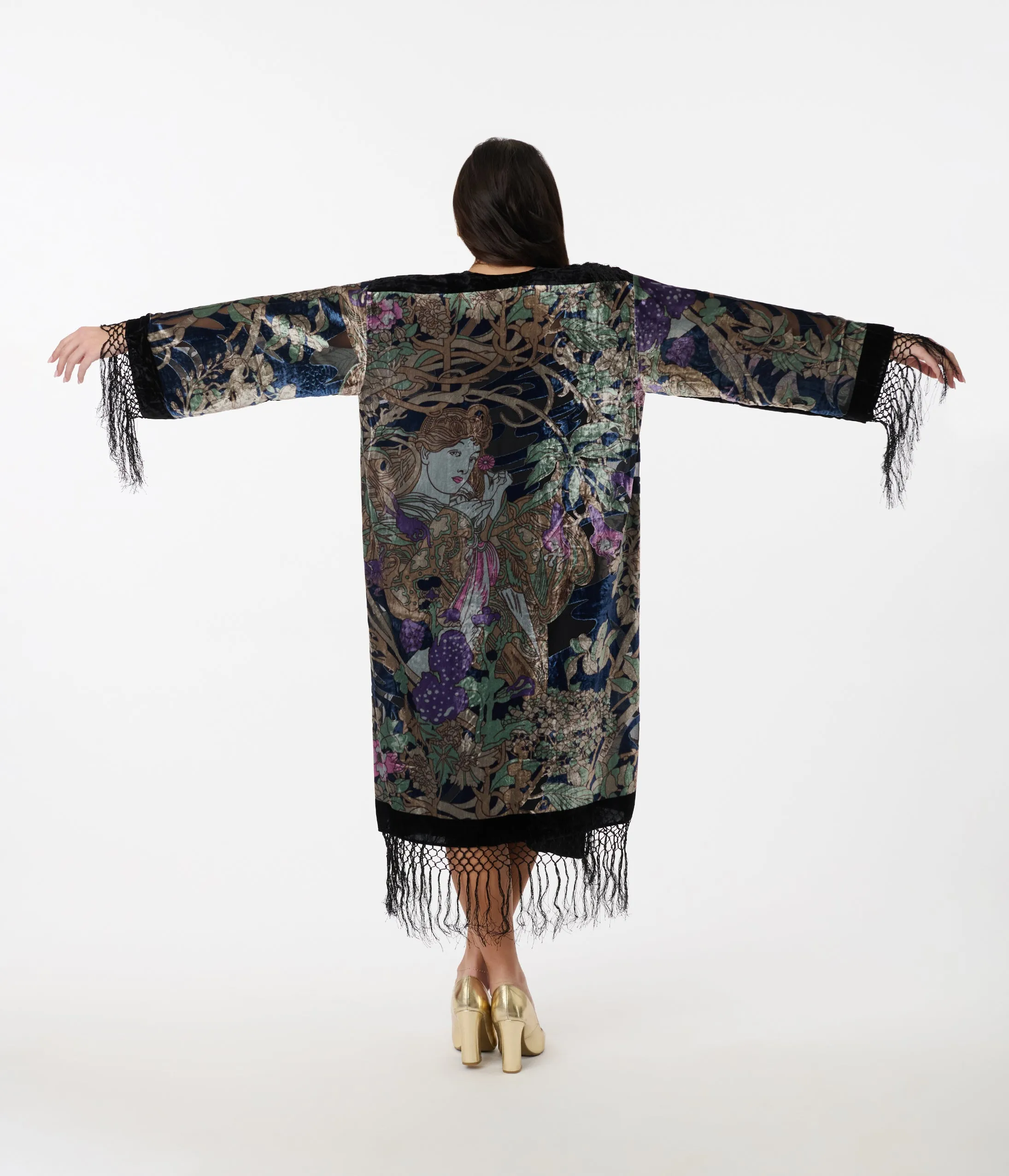 1920s Black Fringe Floral Goddess Devore Velvet Scarf Coat sold by Unique Vintage