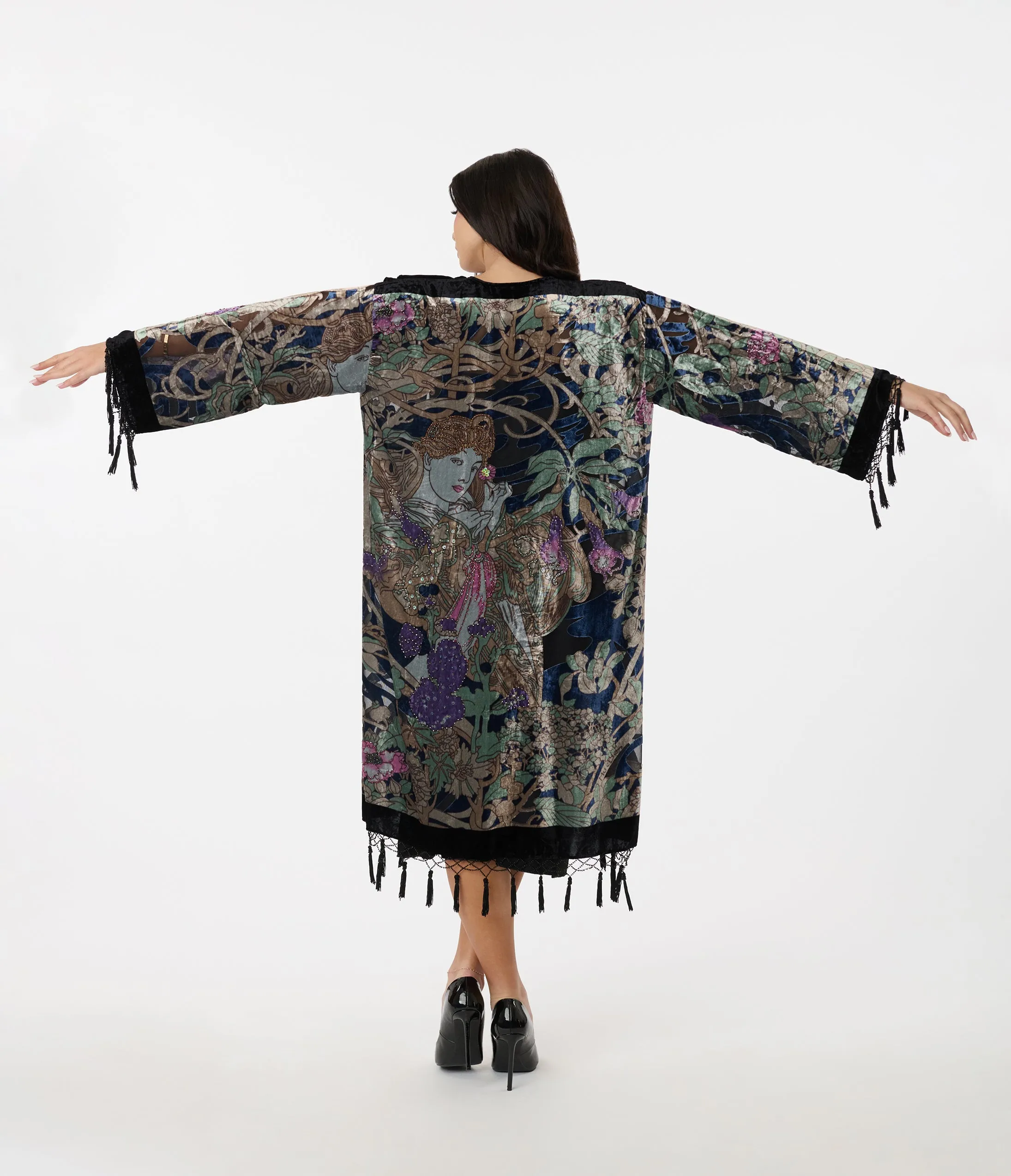 1920s Black Beaded Floral Goddess Devore Velvet Scarf Coat sold by Unique Vintage
