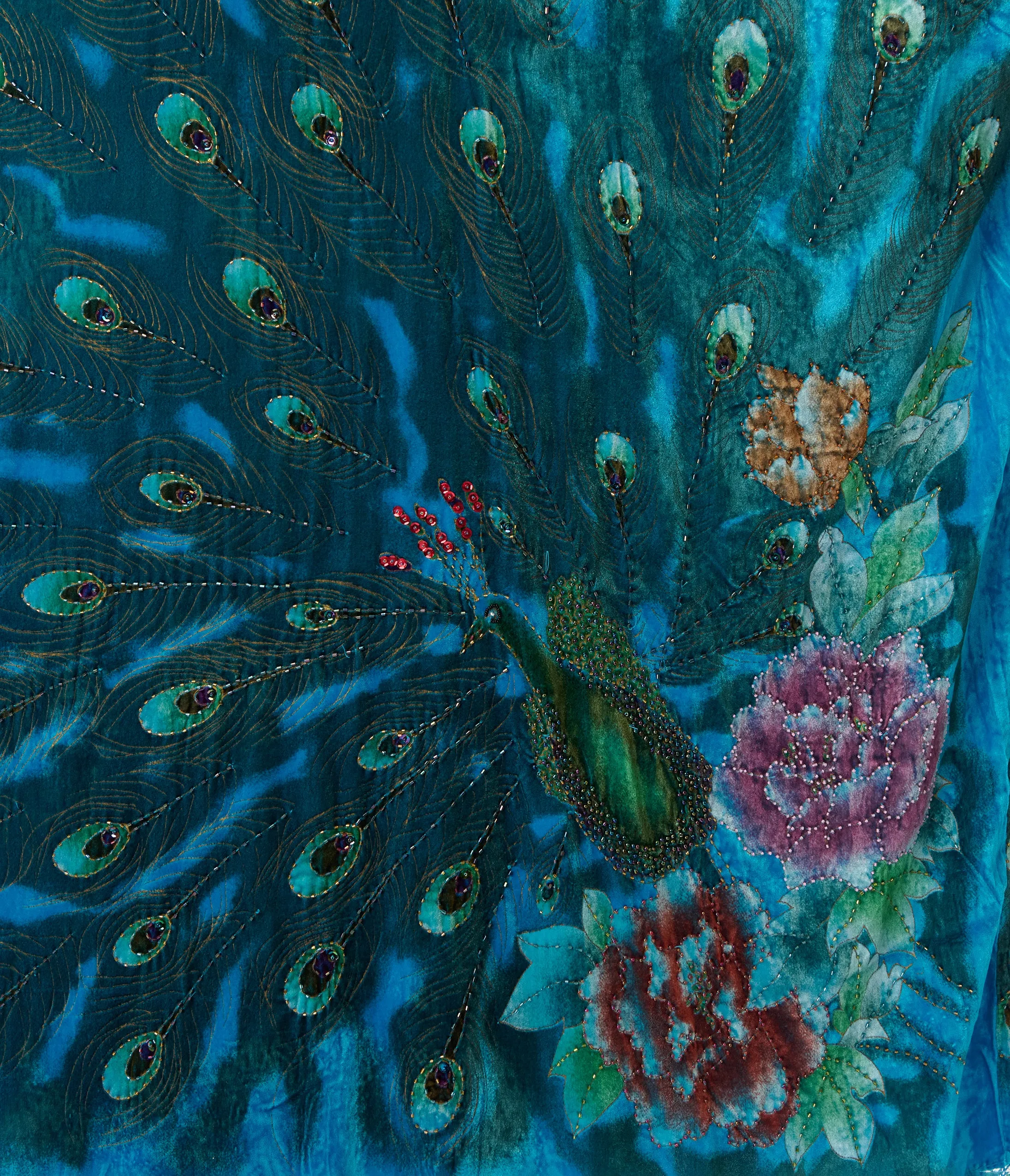 1920s Turquoise Velvet Beaded Peacock Fringe Scarf Coat sold by Unique Vintage product image thumbnail 2