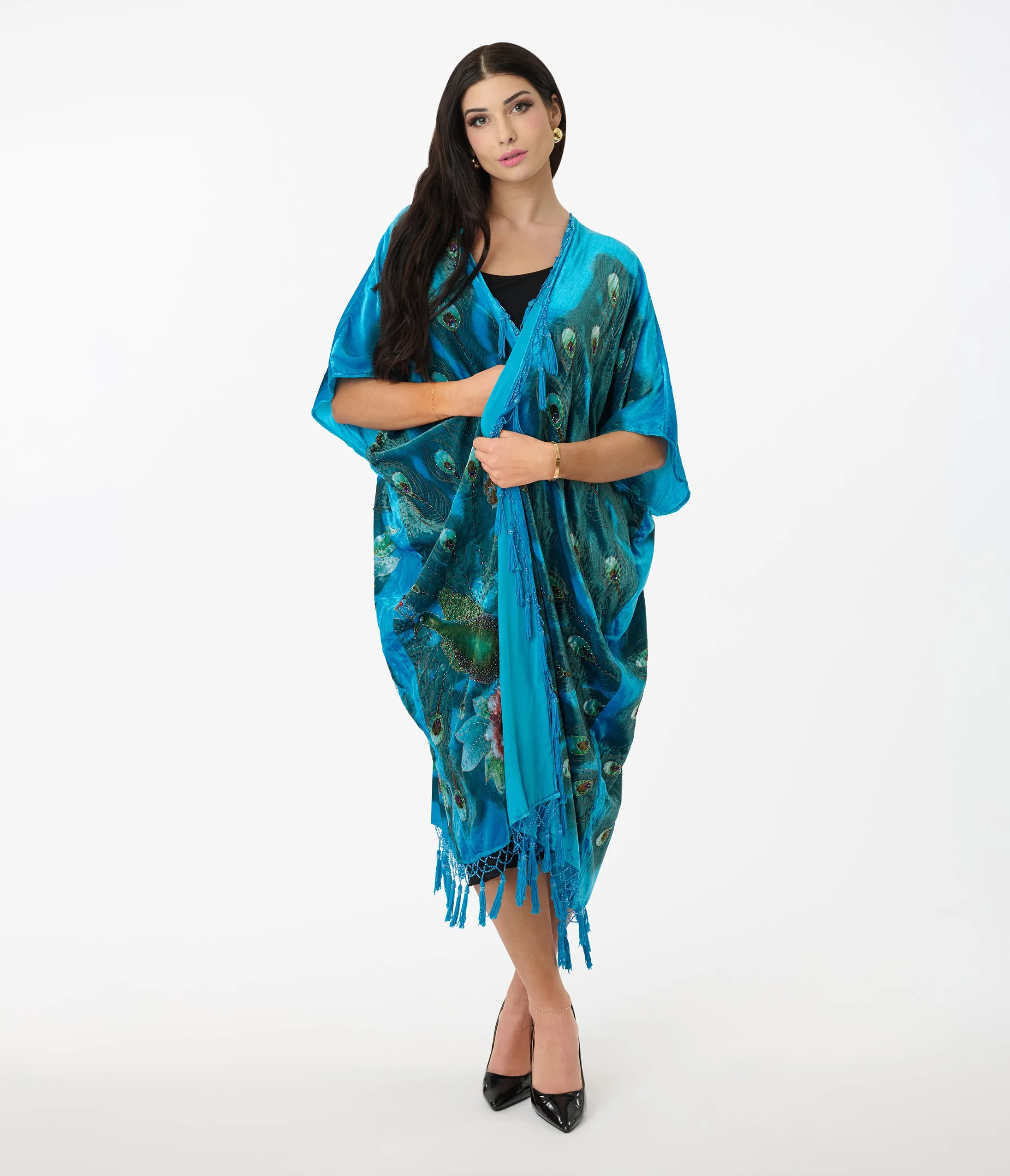 1920s Turquoise Velvet Beaded Peacock Fringe Scarf Coat sold by Unique Vintage product image thumbnail 3