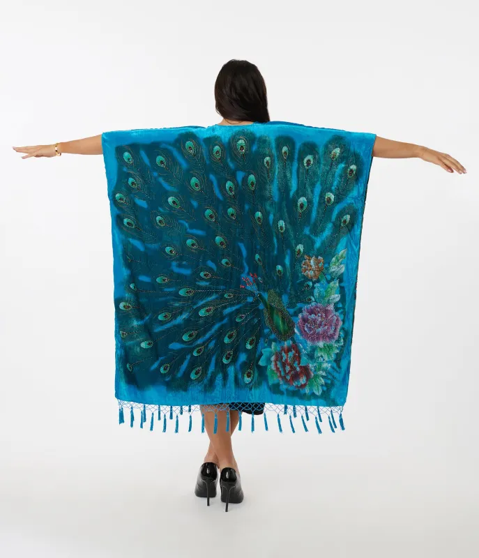 1920s Turquoise Velvet Beaded Peacock Fringe Scarf Coat sold by Unique Vintage