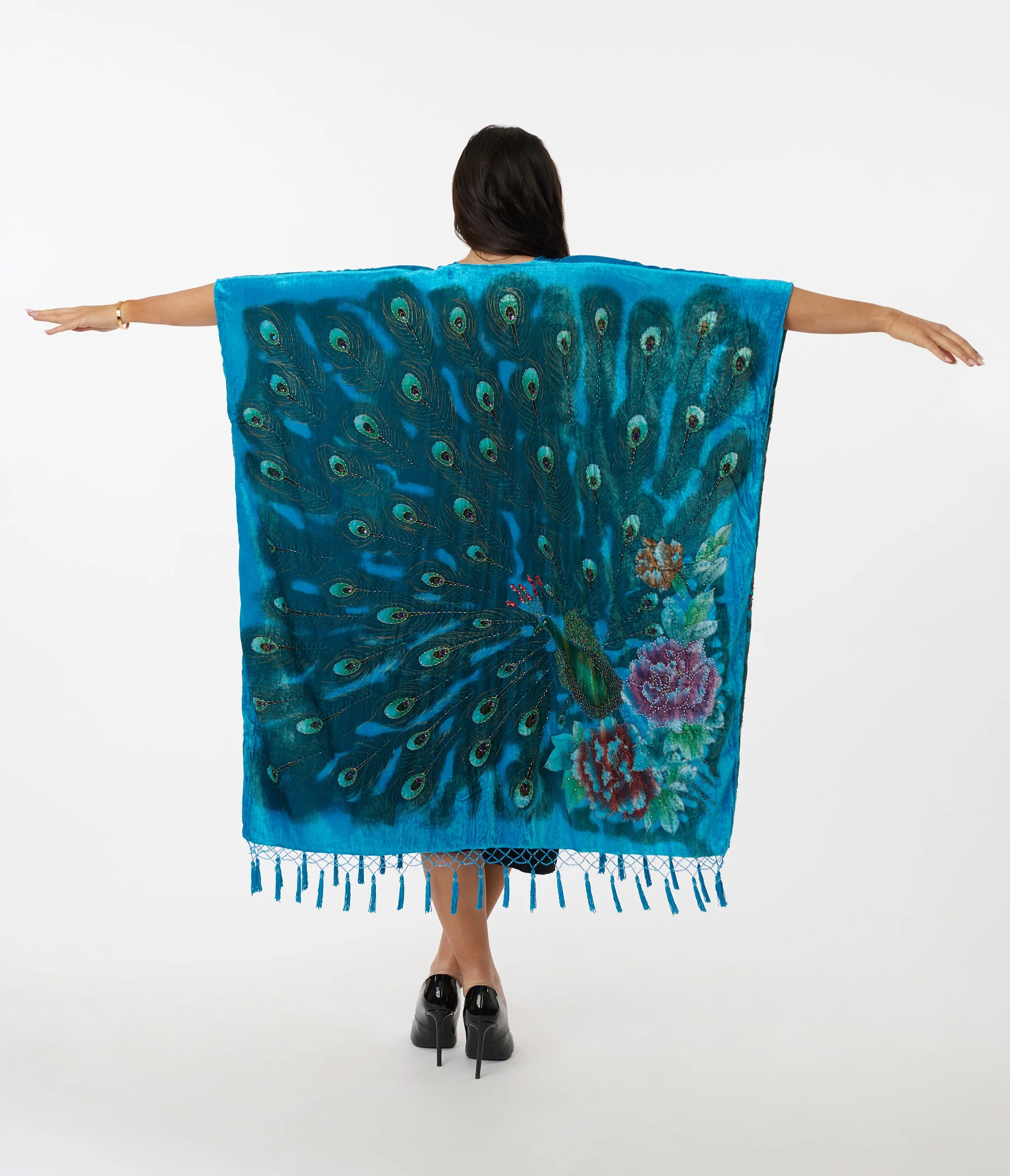 1920s Turquoise Velvet Beaded Peacock Fringe Scarf Coat sold by Unique Vintage