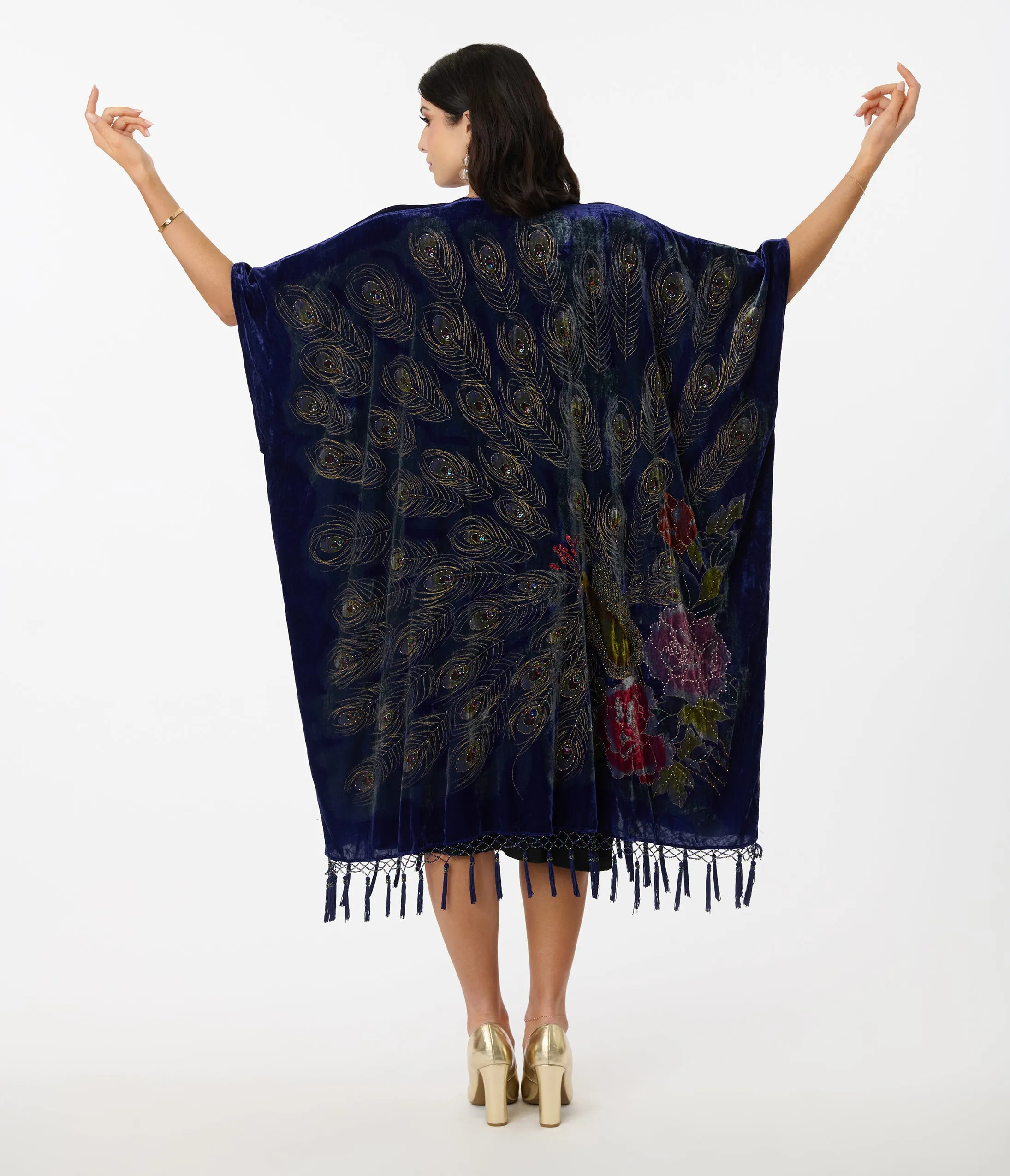 1920s Deep Blue Velvet Beaded Peacock Fringe Scarf Coat sold by Unique Vintage