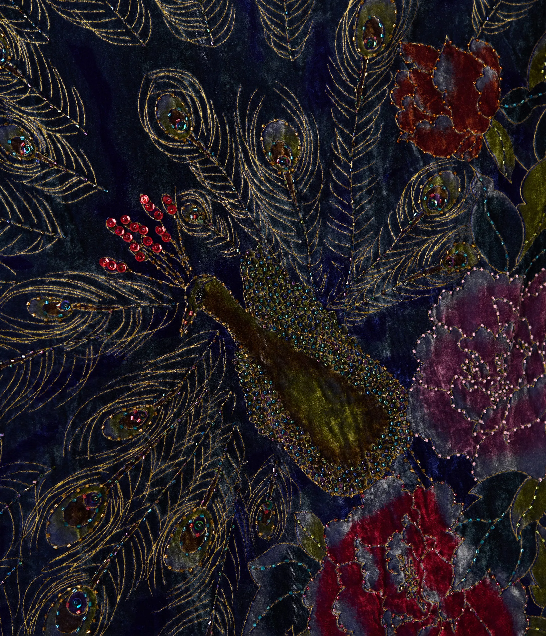 1920s Deep Blue Velvet Beaded Peacock Fringe Scarf Coat sold by Unique Vintage product image thumbnail 2