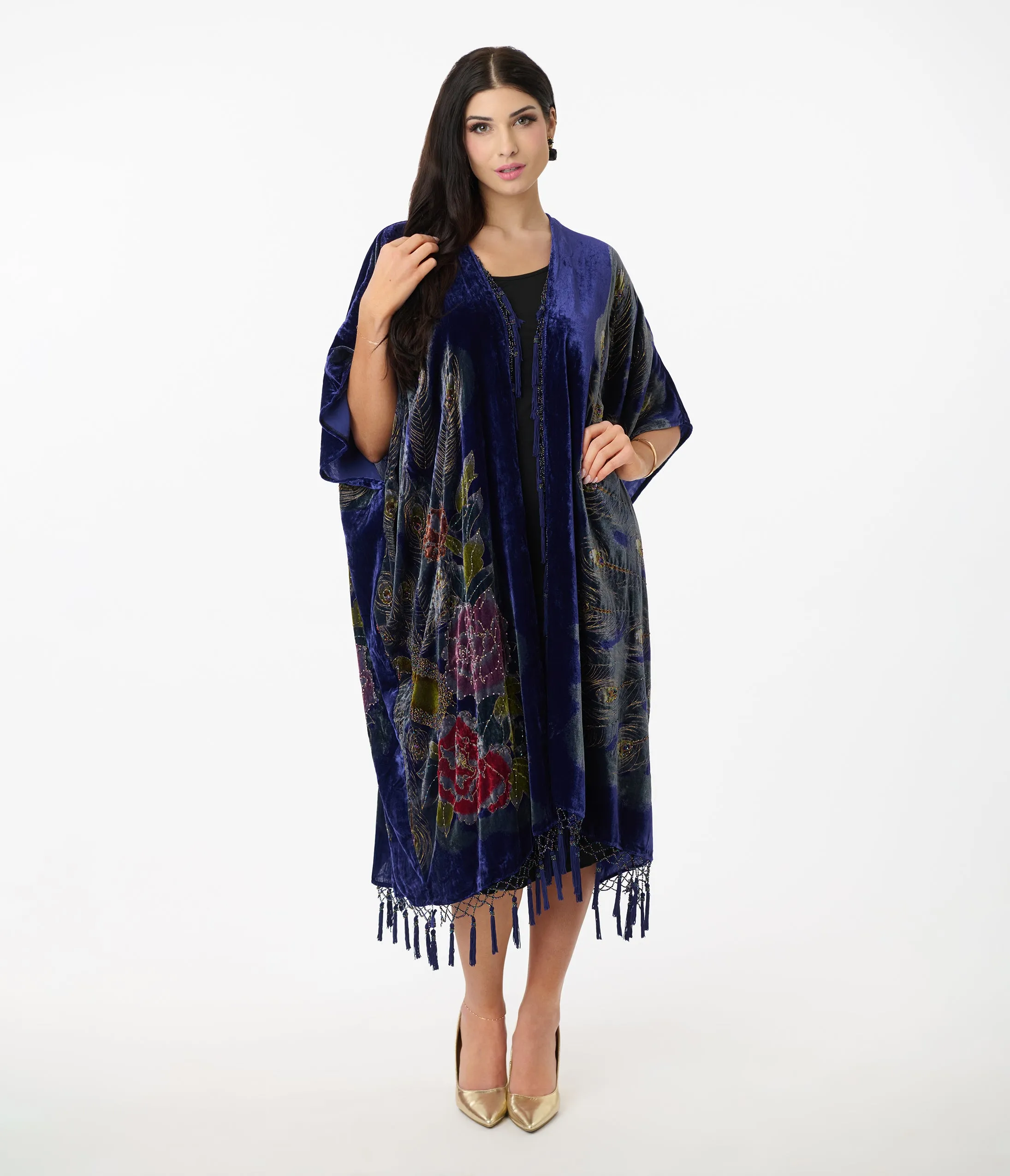 1920s Deep Blue Velvet Beaded Peacock Fringe Scarf Coat sold by Unique Vintage product image thumbnail 3