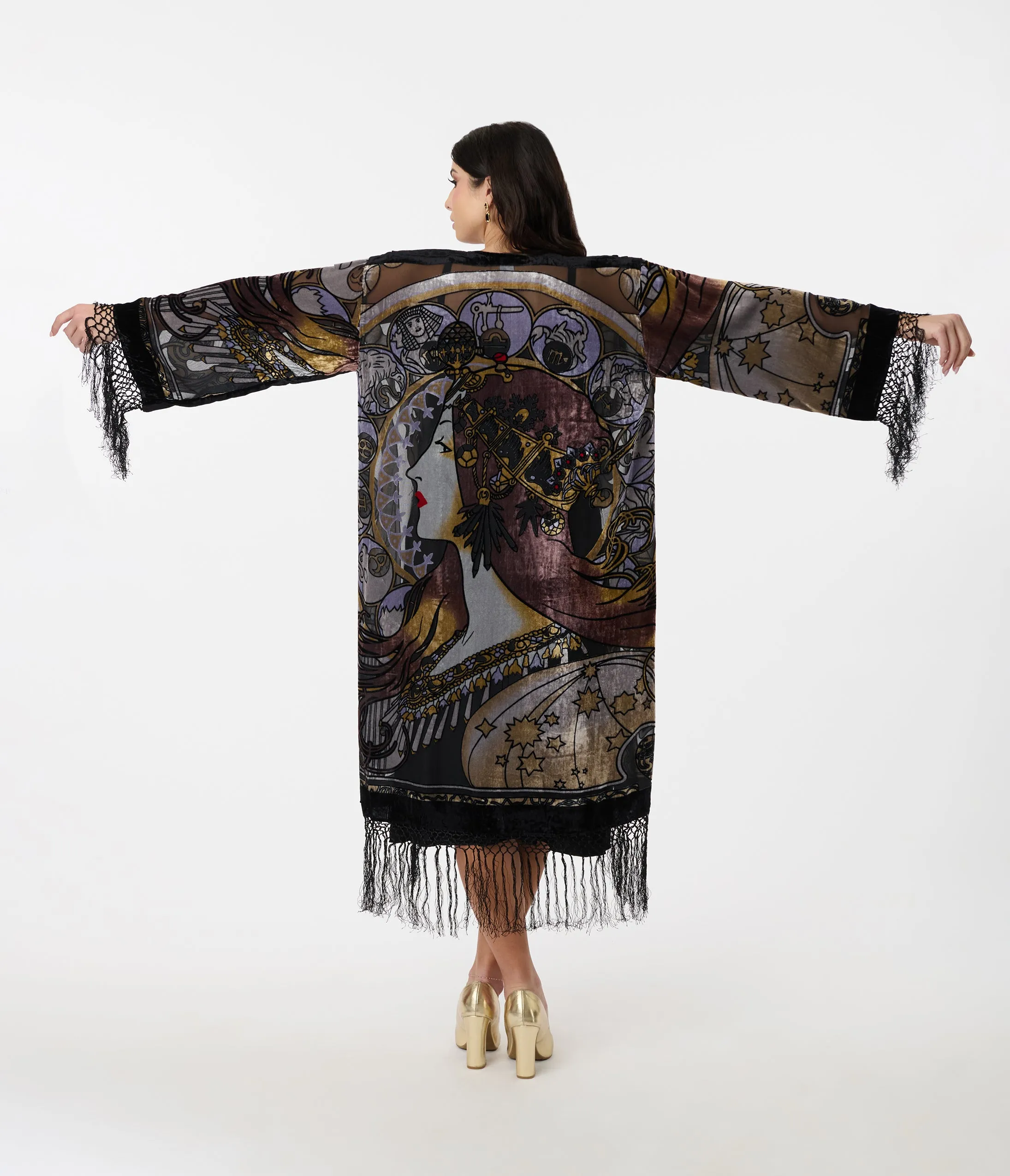 1920s Black Zodiac Goddess Devore Velvet Scarf Coat sold by Unique Vintage