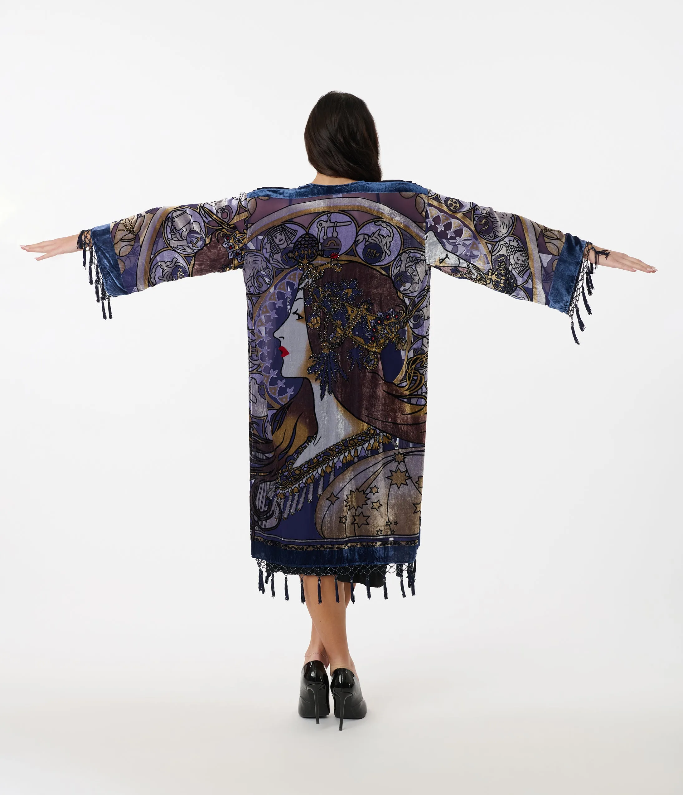 1920s Purple Beaded Zodiac Goddess Devore Velvet Scarf Coat sold by Unique Vintage