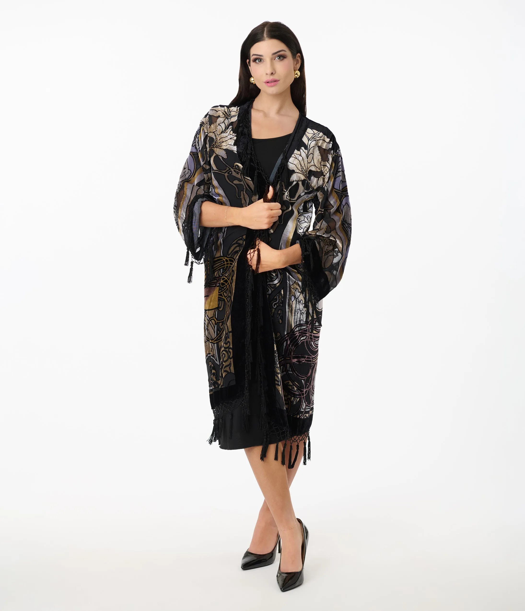 1920s Black Beaded Zodiac Goddess Devore Velvet Scarf Coat sold by Unique Vintage product image thumbnail 3