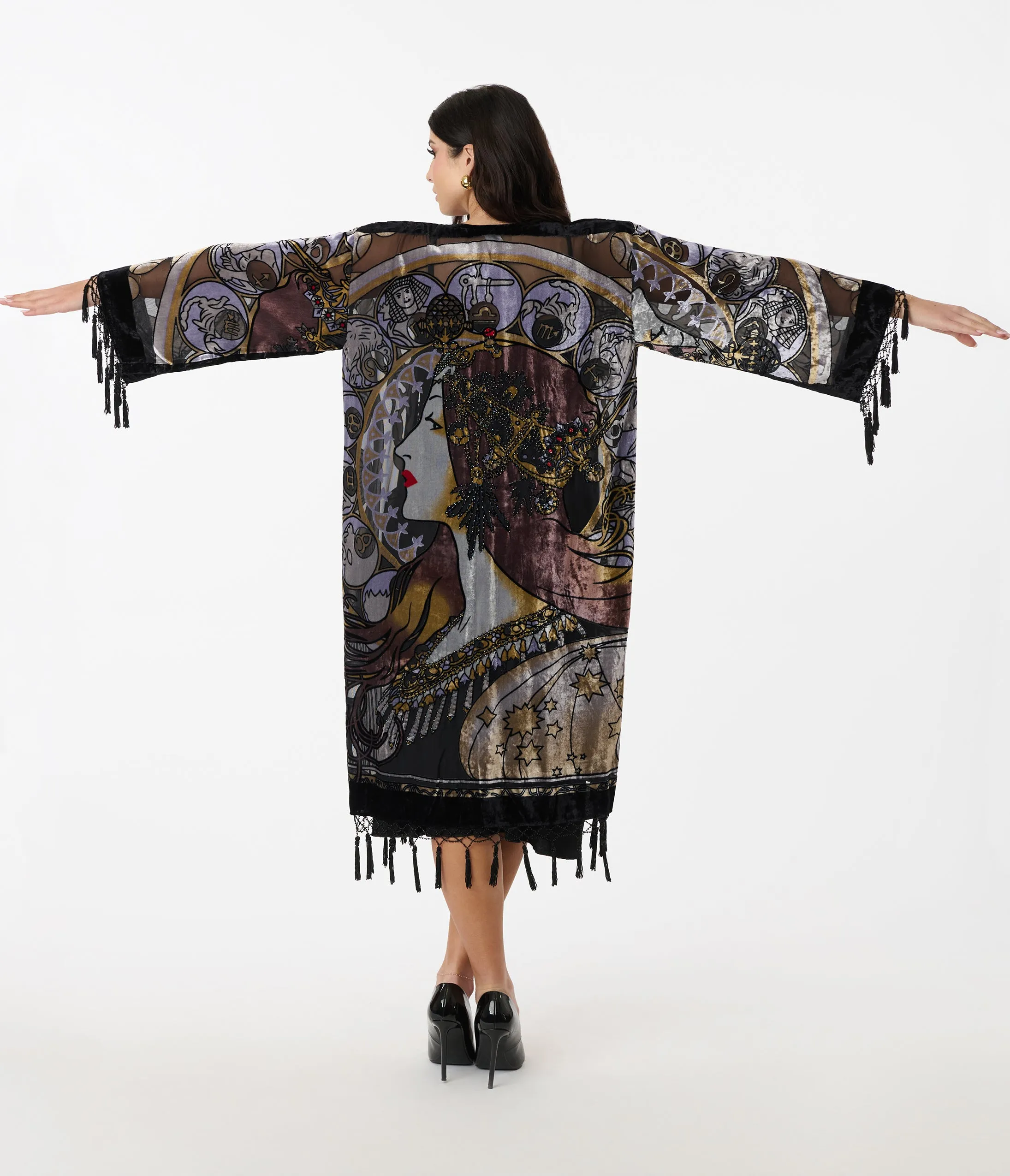 1920s Black Beaded Zodiac Goddess Devore Velvet Scarf Coat sold by Unique Vintage