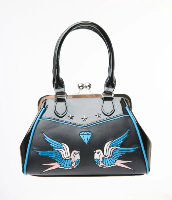Banned 1950s Black Leatherette Swallows Handbag sold by Unique Vintage