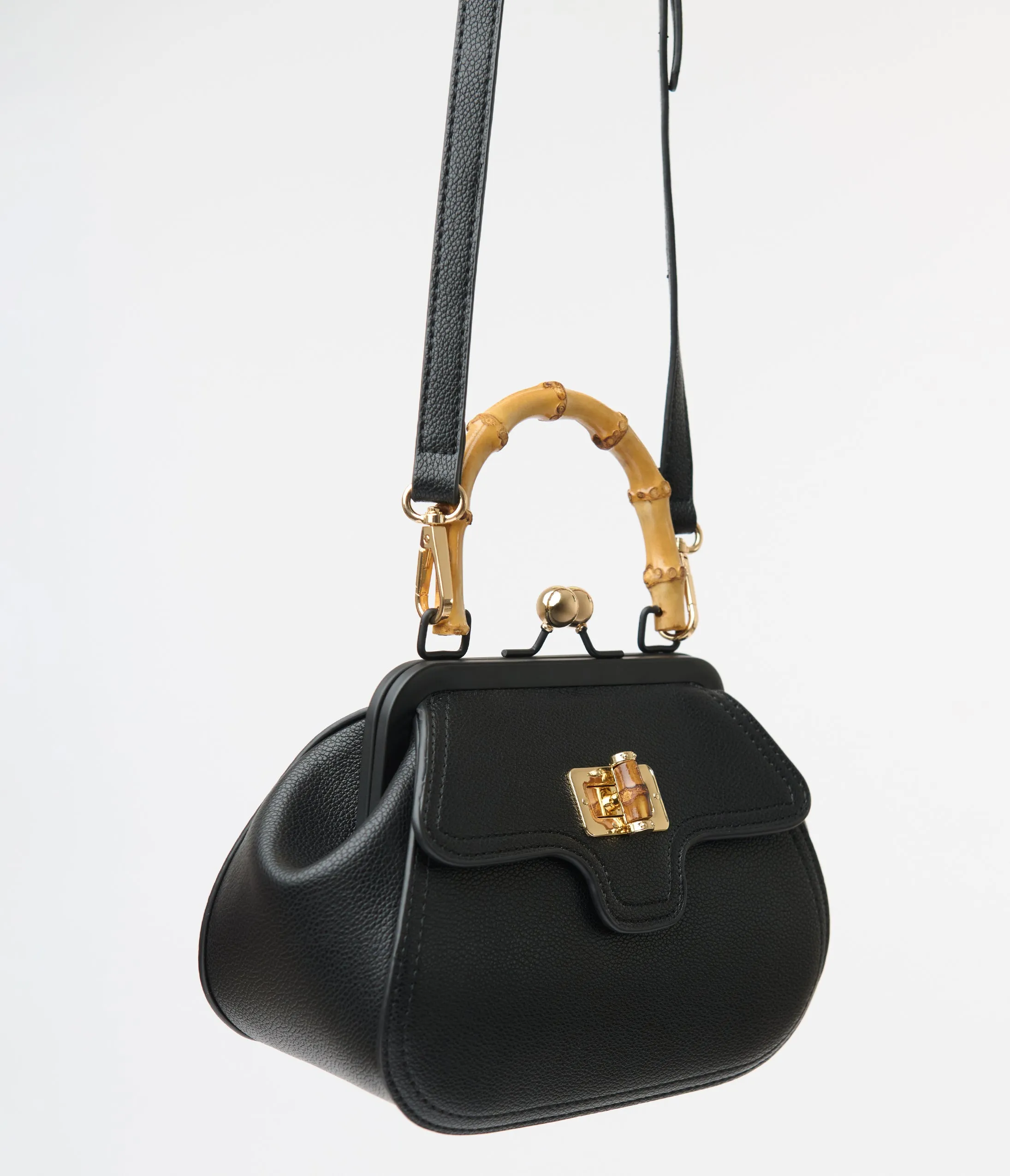 Banned Black Textured Leatherette Bamboo Handle Aurora Handbag sold by Unique Vintage product image thumbnail 4