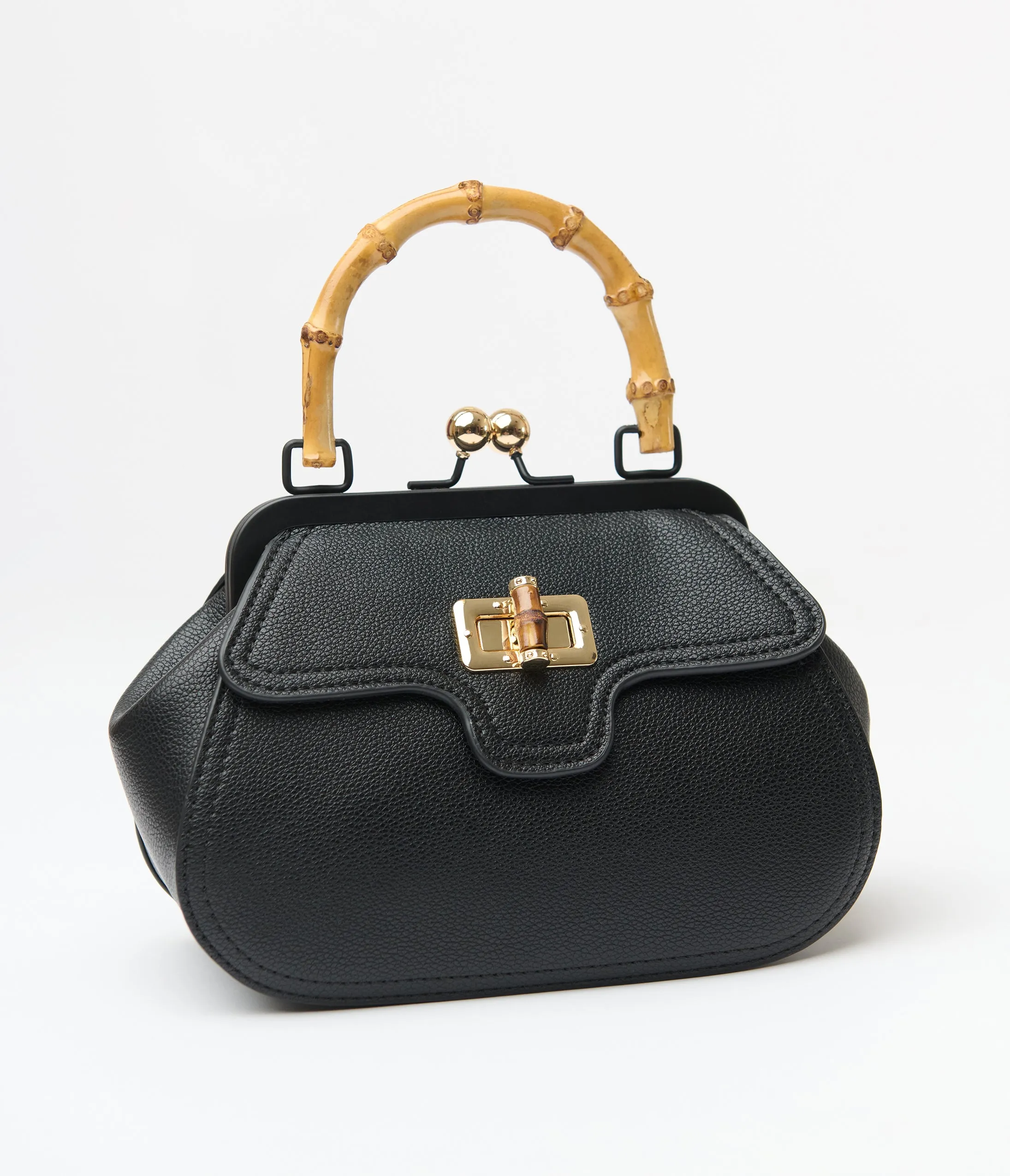 Banned Black Textured Leatherette Bamboo Handle Aurora Handbag sold by Unique Vintage