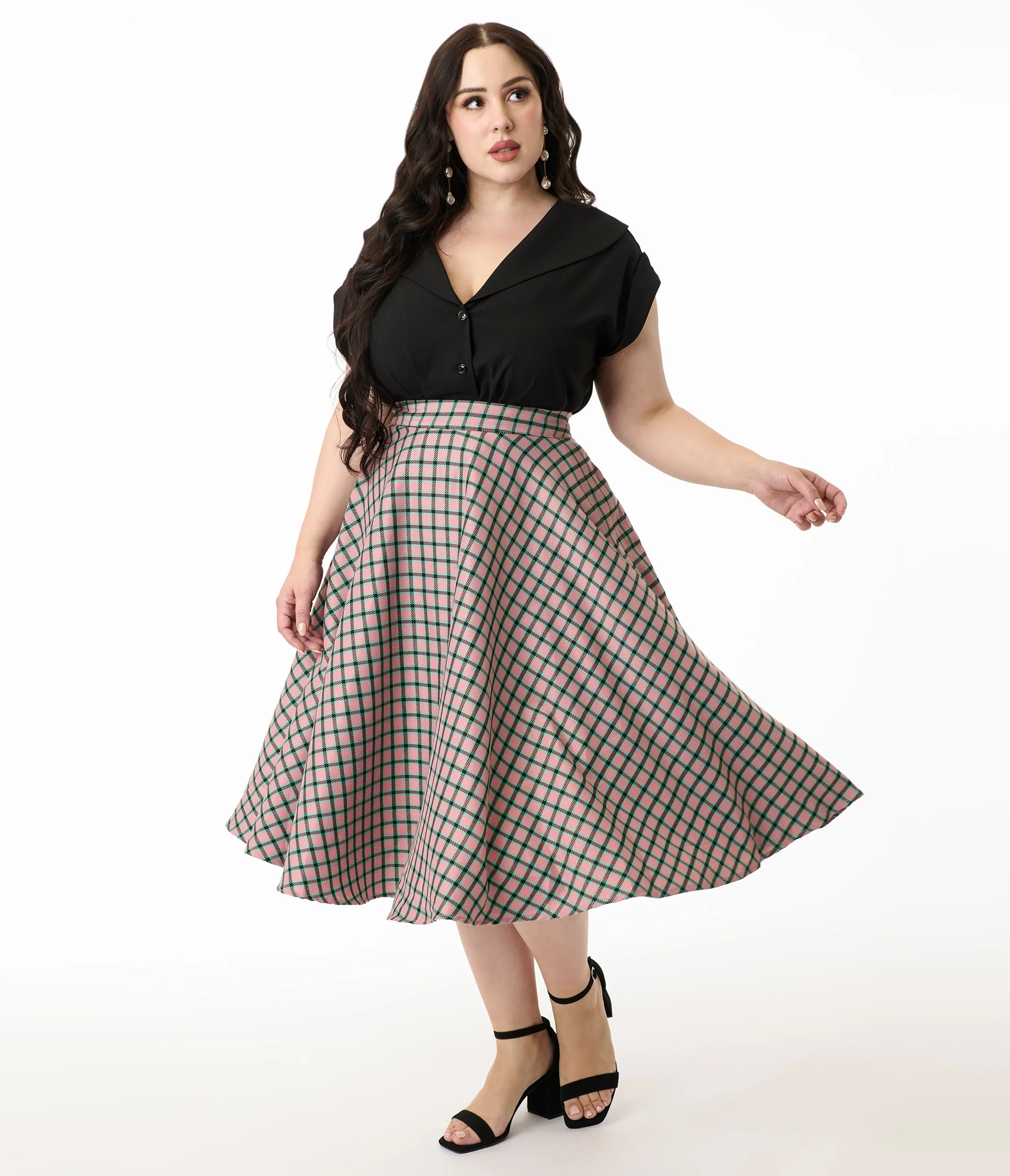Royal Monk Plus Size 1950s Pink Plaid Swing Skirt sold by Unique Vintage