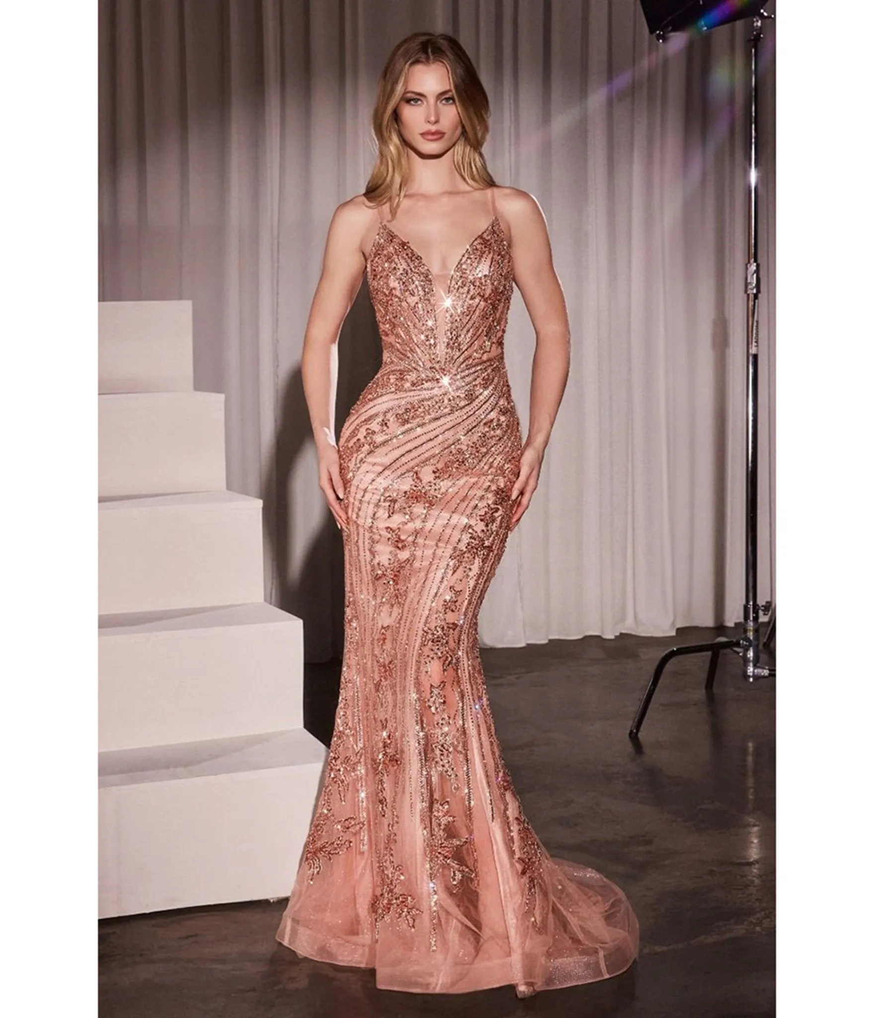 Ladivine by Cinderella Divine Rose Gold Beaded Fitted V-Neck Sheer Prom Dress sold by Unique Vintage