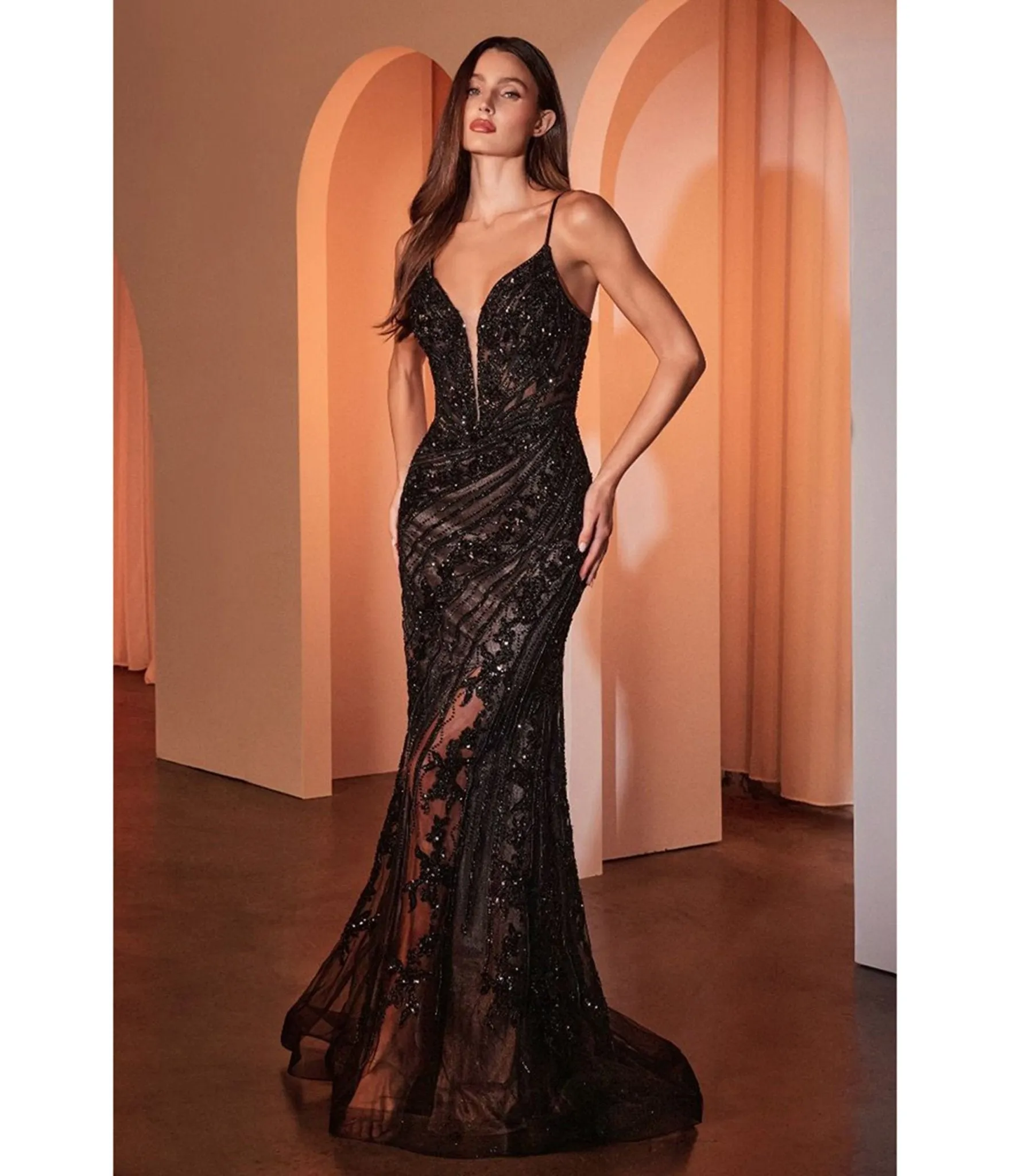 Ladivine by Cinderella Divine Black & Nude Beaded Fitted V-Neck Sheer Prom Dress sold by Unique Vintage