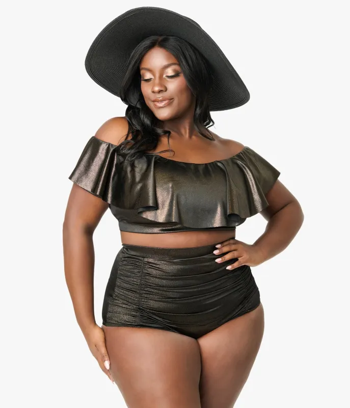 Unique Vintage Plus Size Black & Gold Shimmer Monroe High Waist Bikini Bottom sold by Unique Vintage