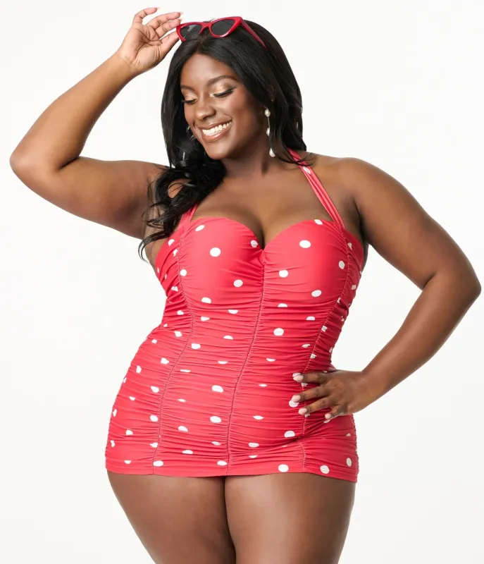 Unique Vintage Plus Size Red & White Polka Dot Mansfield Halter One Piece Swimsuit sold by Unique Vintage