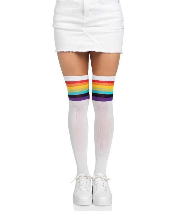 Leg Avenue Nia White & Rainbow Stripe Thigh High Stockings sold by Unique Vintage