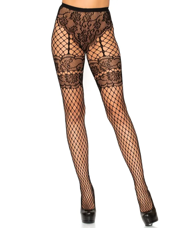 Leg Avenue Sheila Lace Faux Garter Fishnet Tights sold by Unique Vintage