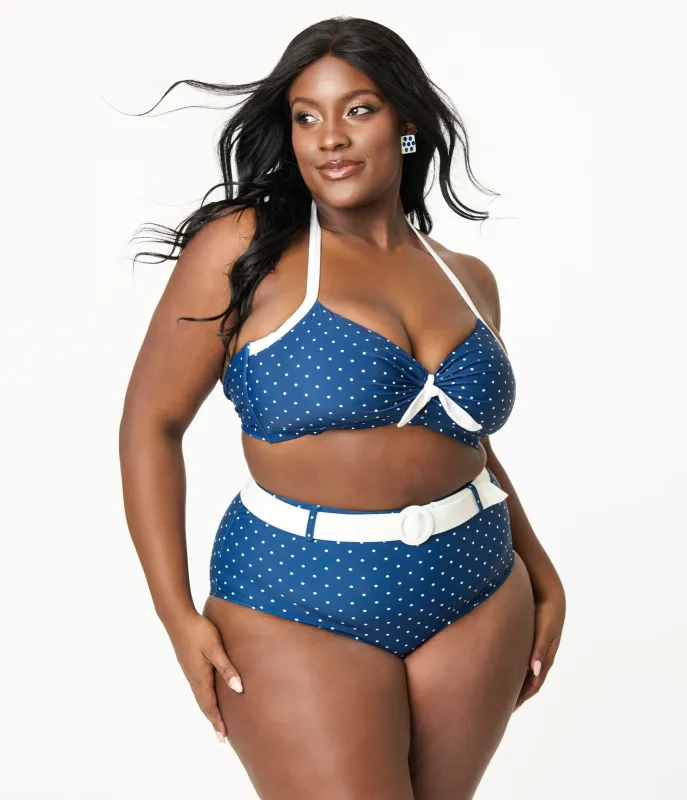 Unique Vintage Plus Size Navy & White Pin Dot Halter Swim Top sold by Unique Vintage