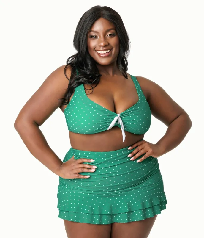 Unique Vintage Plus Size 1950s Green & White Pin Dot Swim Top sold by Unique Vintage