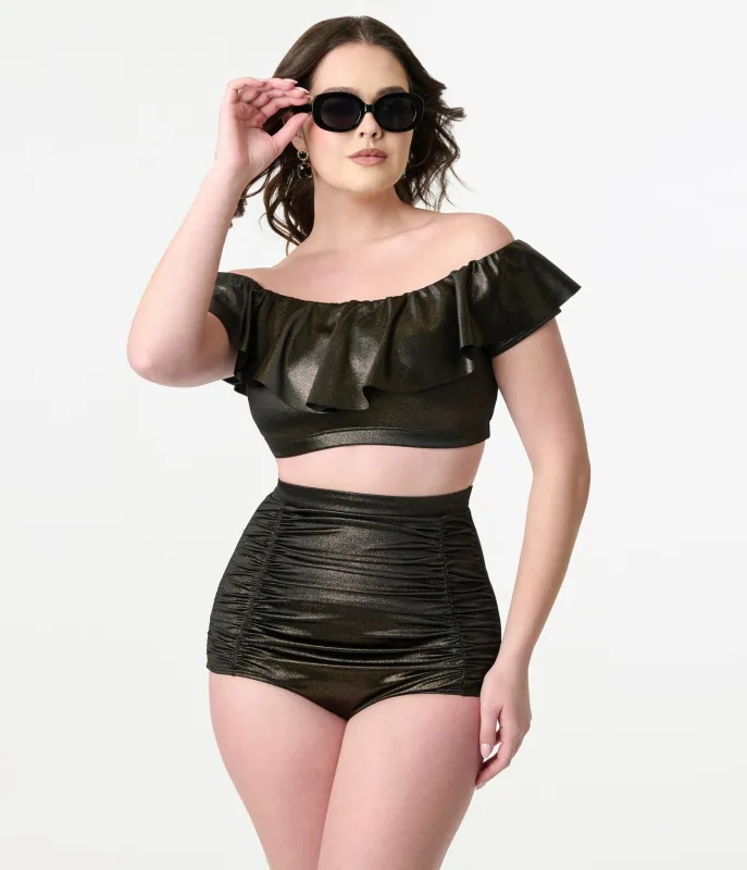 Unique Vintage Black & Gold Shimmer Monroe High Waist Bikini Bottom sold by Unique Vintage