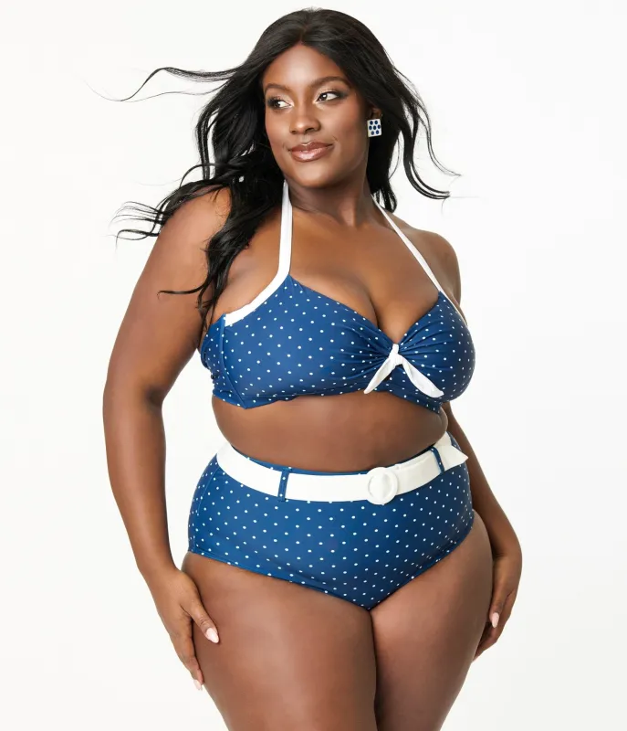 Unique Vintage Plus Size Navy & White Pin Dot Belted Swim Bottoms sold by Unique Vintage
