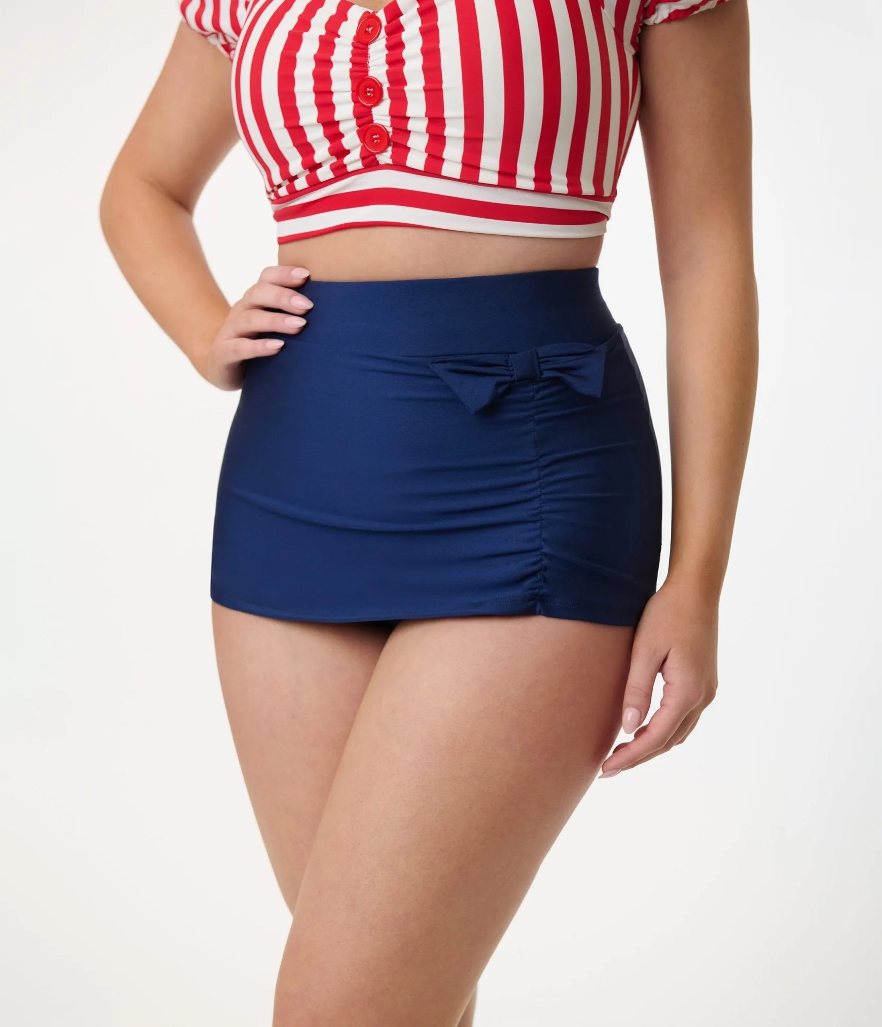 Pinky Pinups Navy Bow High Waist Swim Skirt sold by Unique Vintage product image thumbnail 2