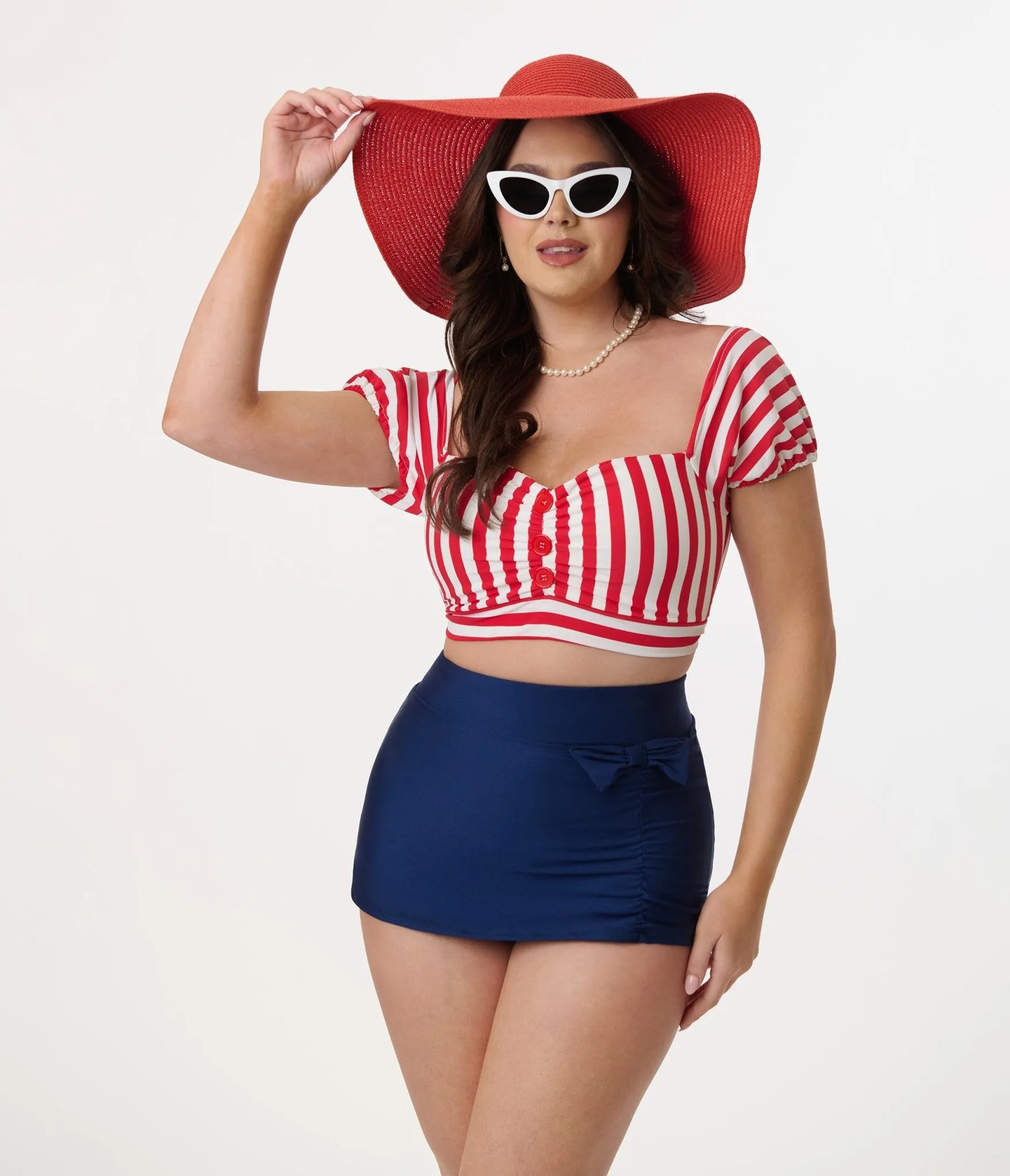 Pinky Pinups Navy Bow High Waist Swim Skirt sold by Unique Vintage