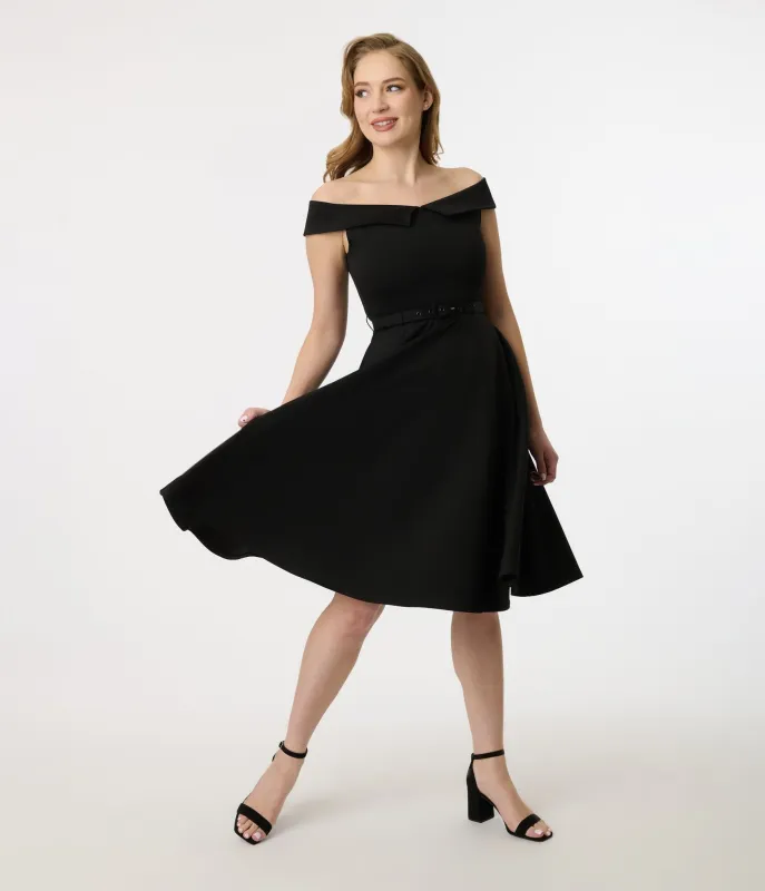 Unique Vintage 1950s Black Off the Shoulder Swing Dress sold by Unique Vintage