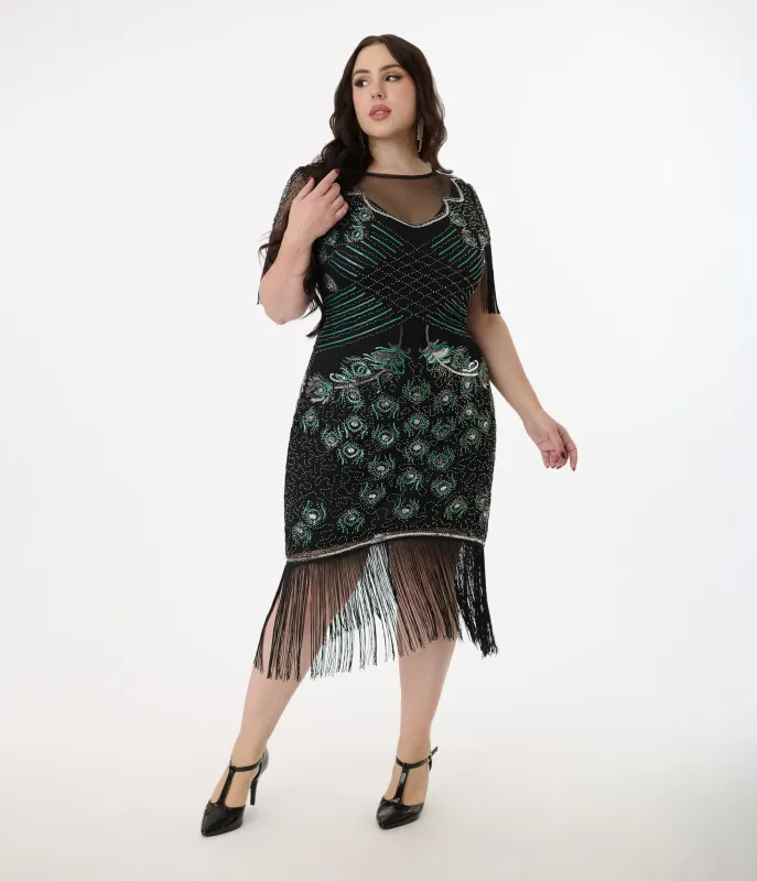 Unique Vintage Plus Size Black & Teal Peacock Beaded Nadine Fringe Flapper Dress sold by Unique Vintage