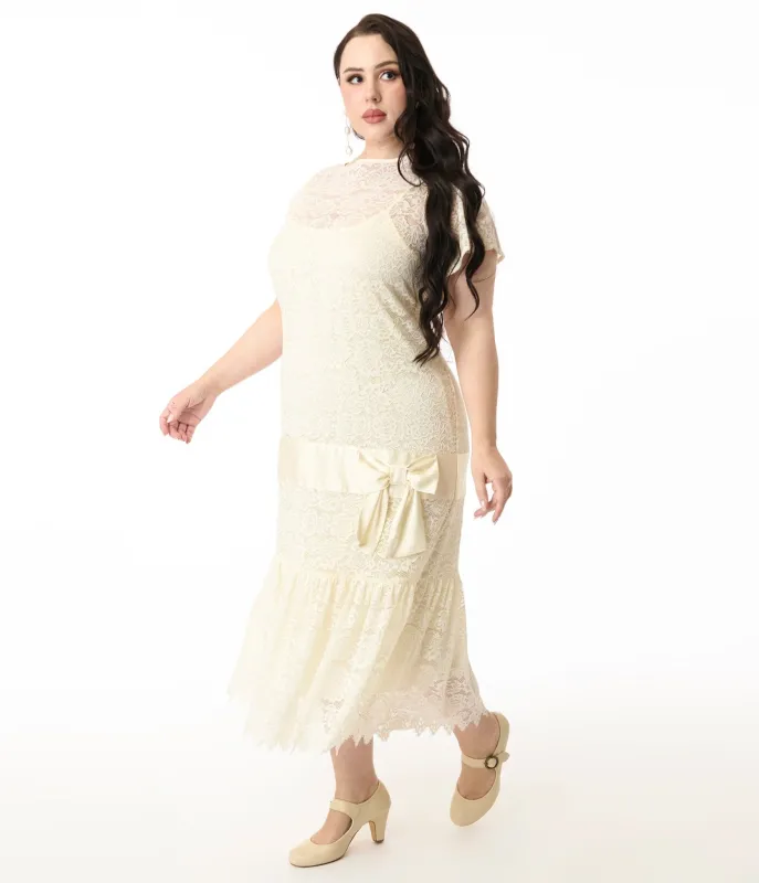 Unique Vintage Plus Size 1920s Ivory Lace & Bow Flapper Dress sold by Unique Vintage
