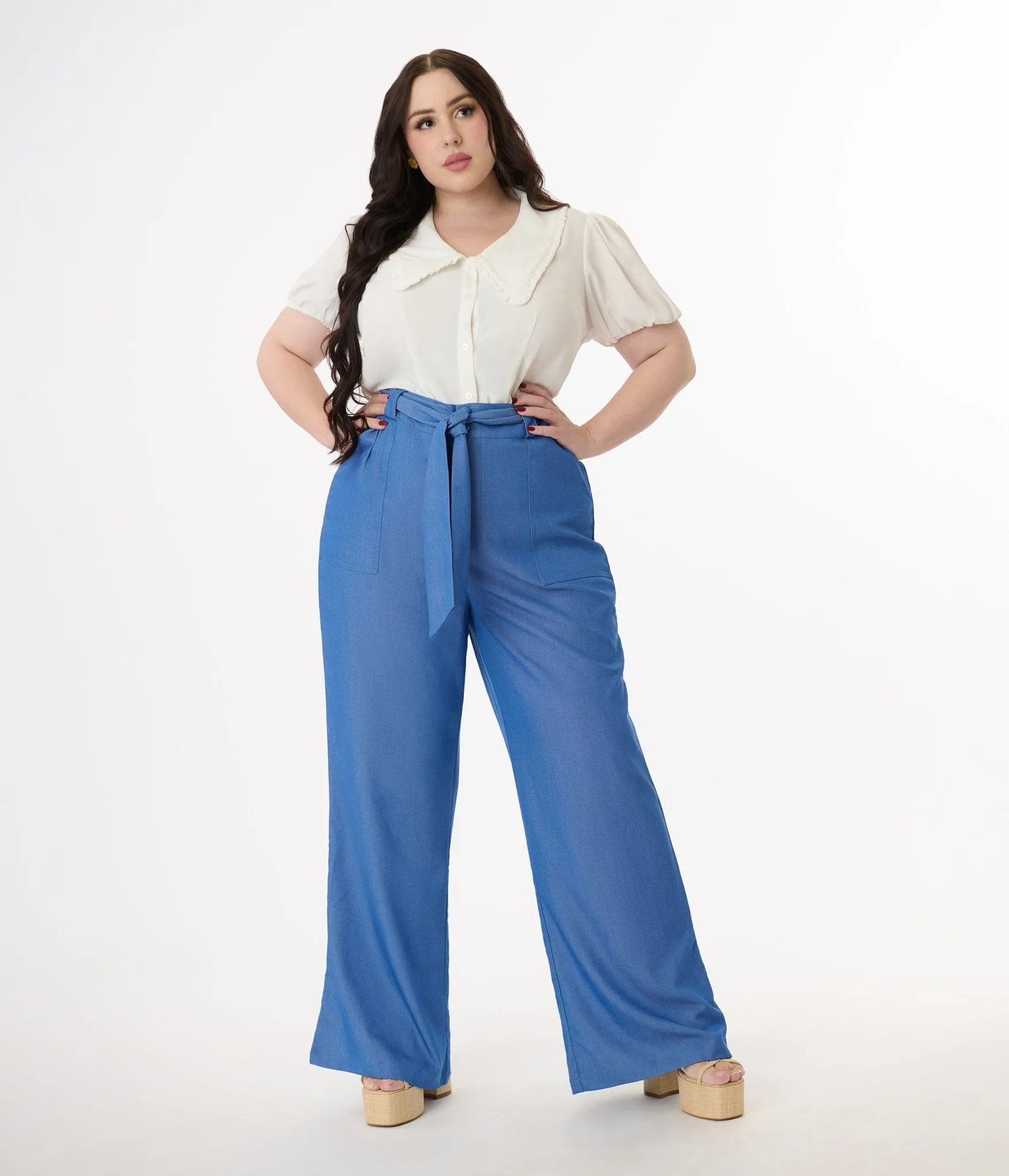 Unique Vintage Plus Size 1950s Blue Chambray Wide Leg Trousers sold by Unique Vintage product image thumbnail 4