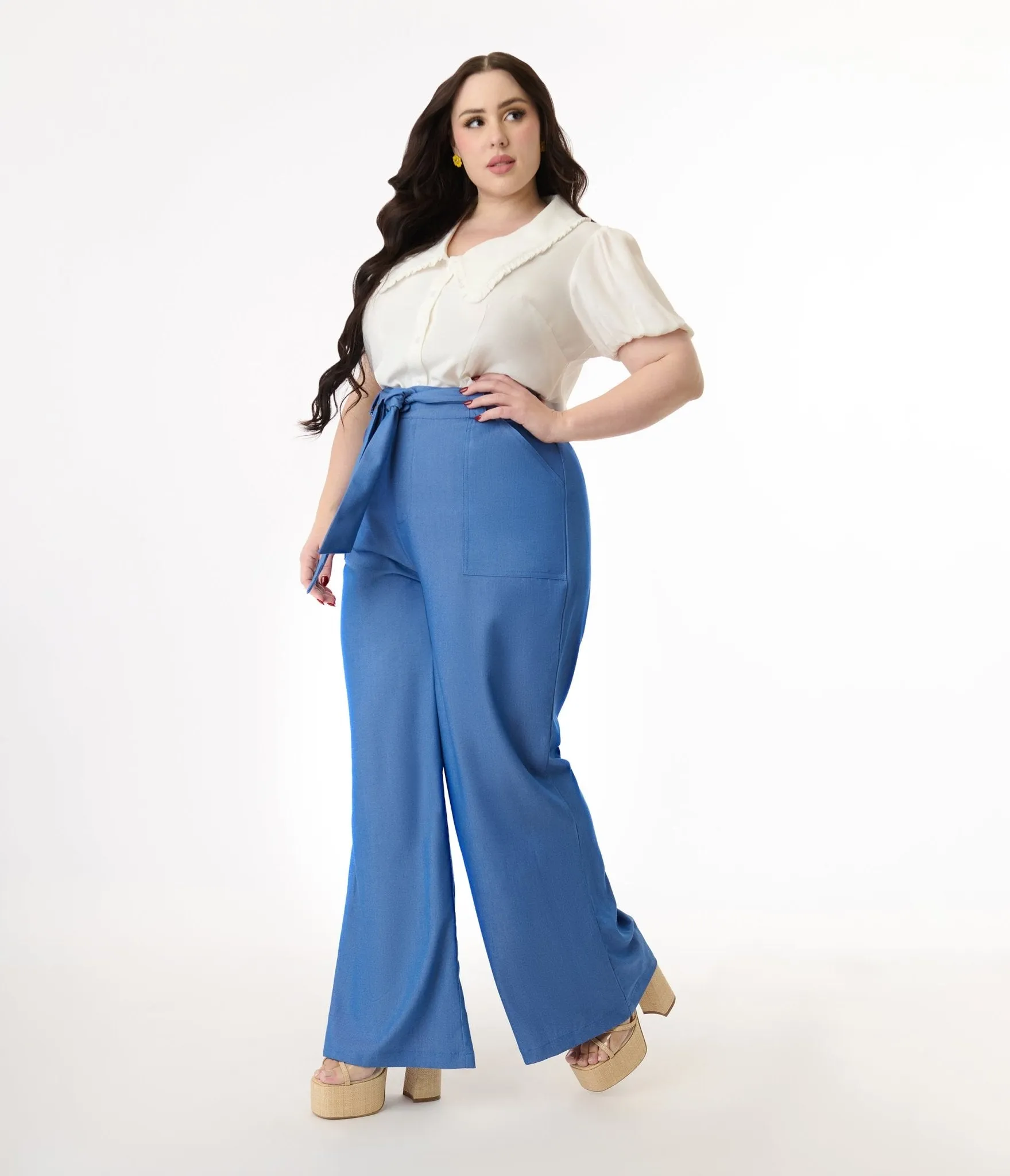 Unique Vintage Plus Size 1950s Blue Chambray Wide Leg Trousers sold by Unique Vintage