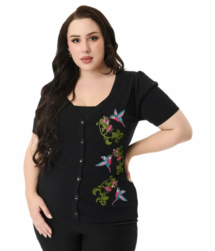 Unique Vintage Plus Size 1950s Black Hummingbird Embroidered Cardigan sold by Unique Vintage