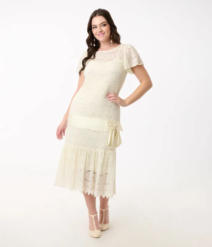 Unique Vintage 1920s Ivory Lace & Bow Flapper Dress sold by Unique Vintage