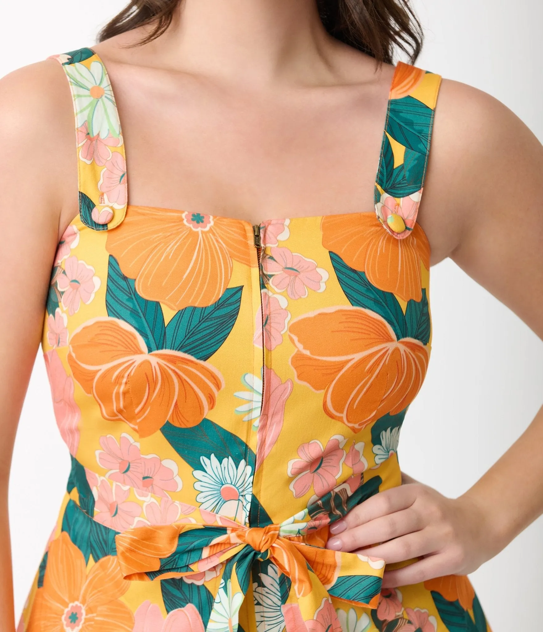 Smak Parlour 1960s Yellow Floral Sweet & Sassy Skirted Cotton Romper sold by Unique Vintage product image thumbnail 2