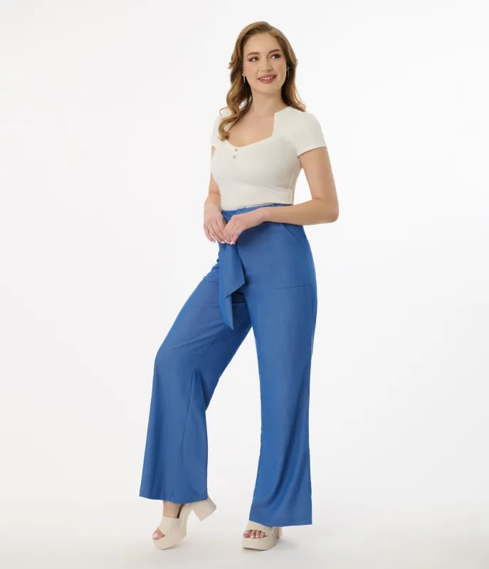 Unique Vintage 1950s Blue Chambray Wide Leg Trousers sold by Unique Vintage