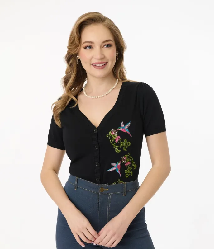 Unique Vintage 1950s Black Hummingbird Embroidered Cardigan sold by Unique Vintage
